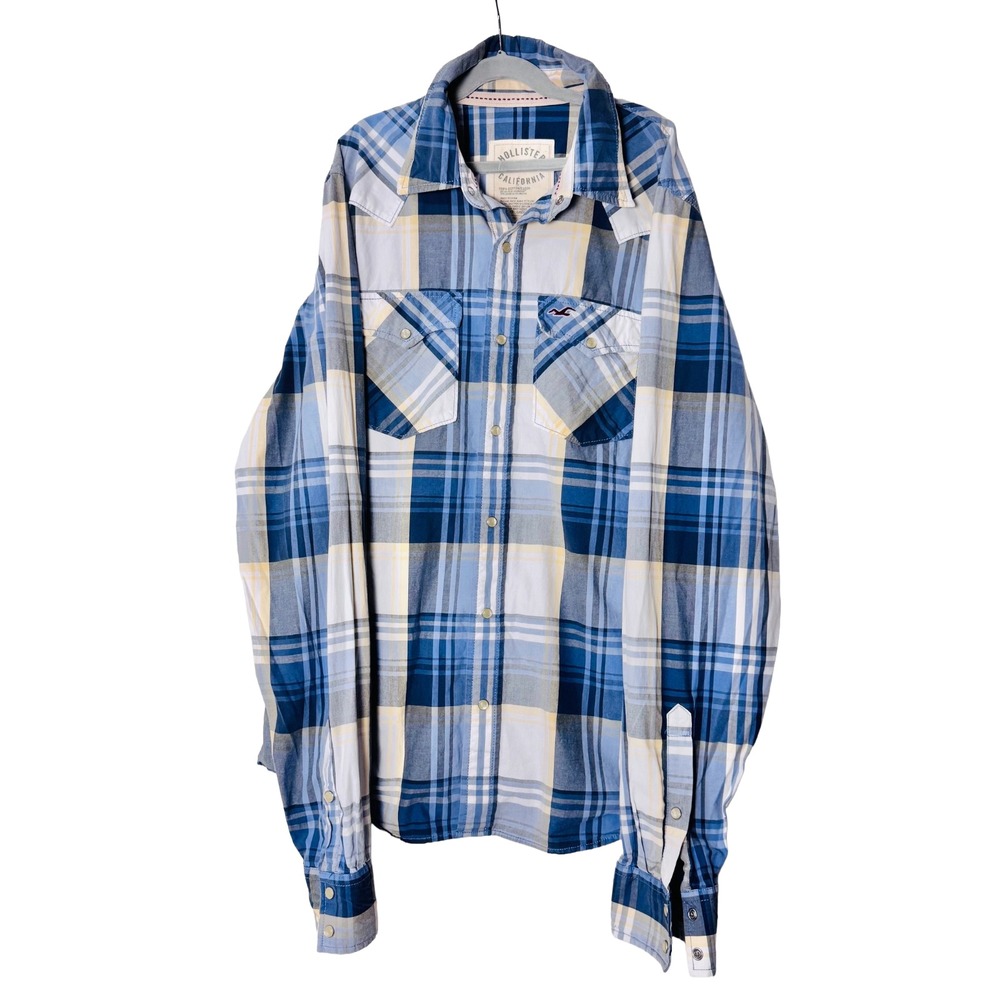 Hollister XL Blue Plaid Pearl Snap Western Shirt Coastal Ranch Y2K Cotton Cowboy